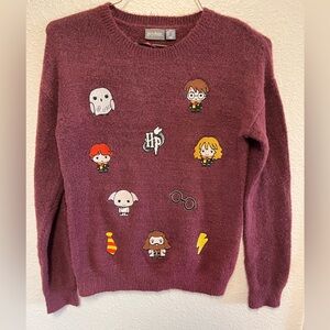 Harry Potter Sweater Women 0/2 XXS Maroon Patches Long Sleeve Crew Neck Pullover